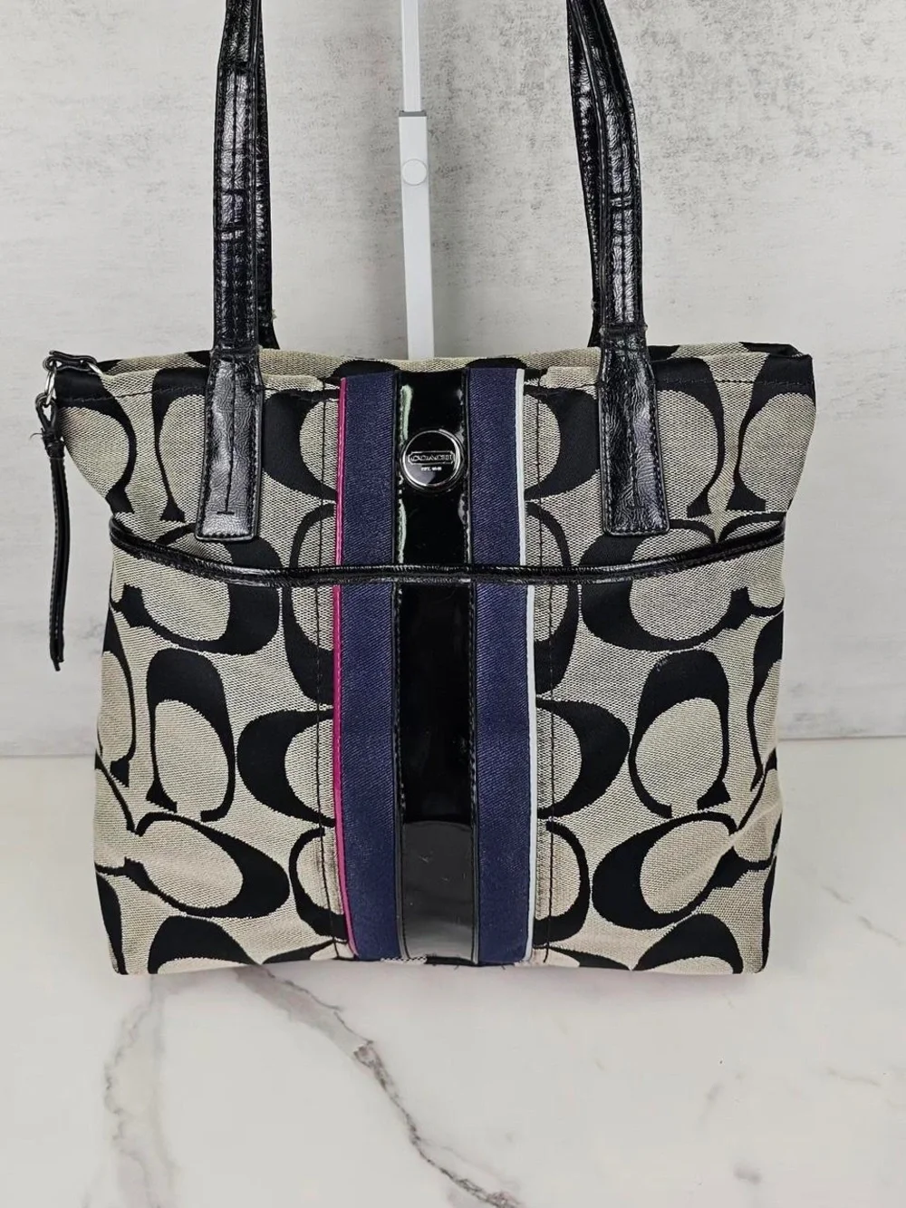 Coach Signature Tote in Black, Tan and Navy with Purple Stripe